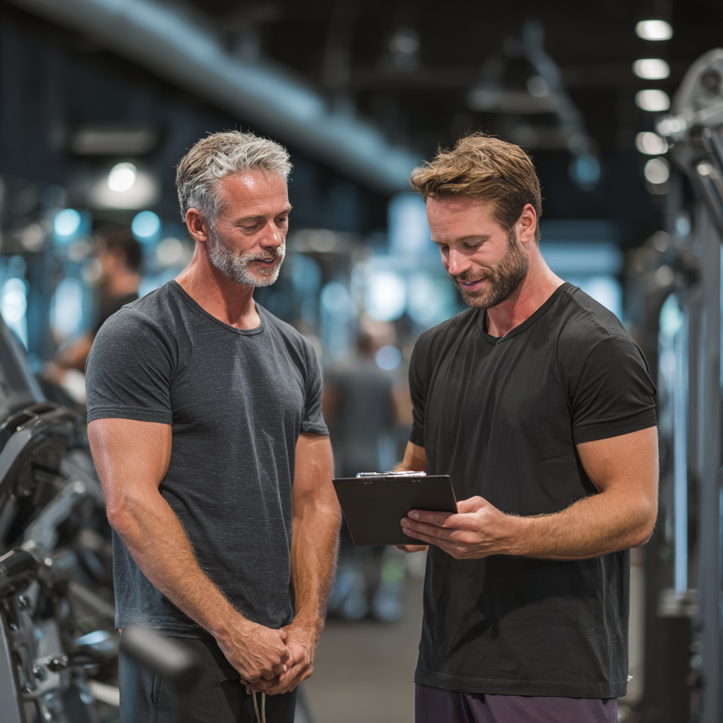 Професионален фитнес треньор на 52 години консултира клиент в съвременно оборудвана фитнес зала с модерни тренажори