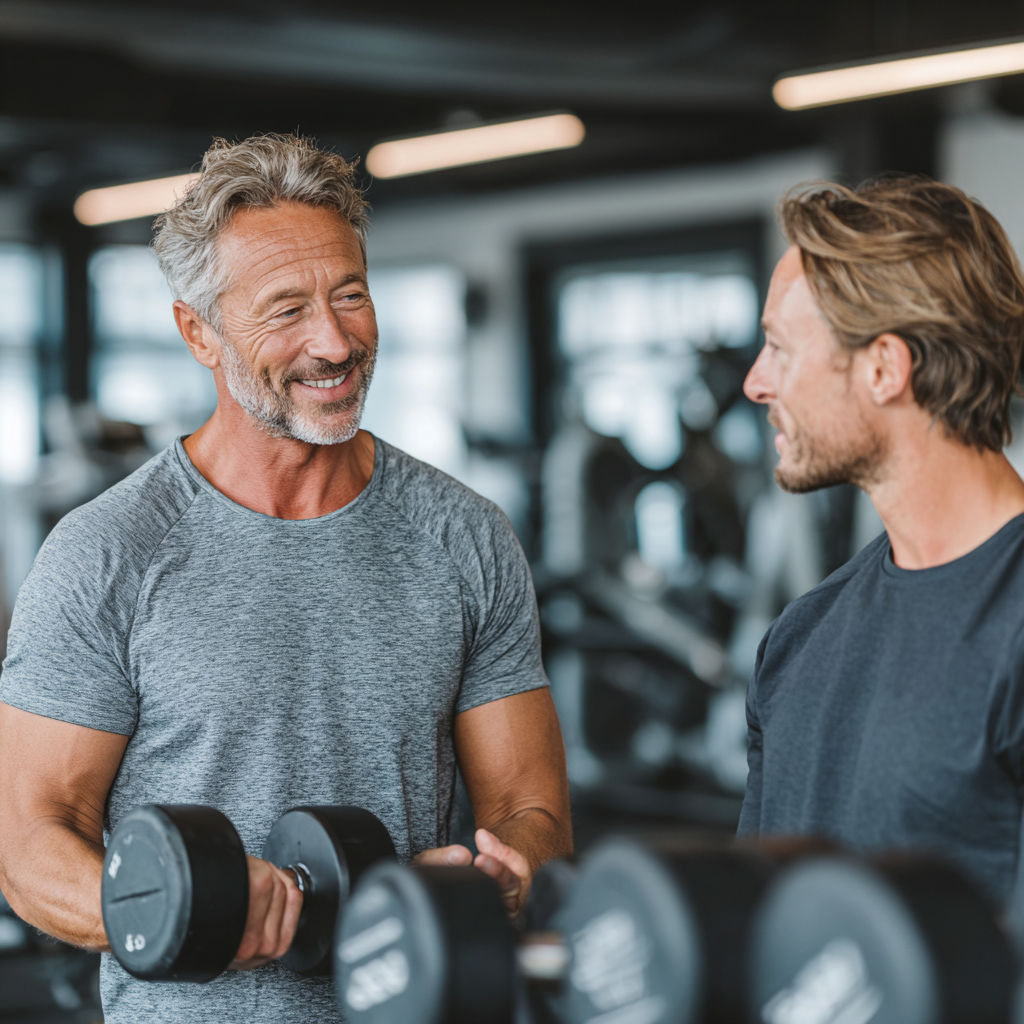 Персонален треньор на 58 години обяснява упражнения на клиент в съвременна фитнес зала