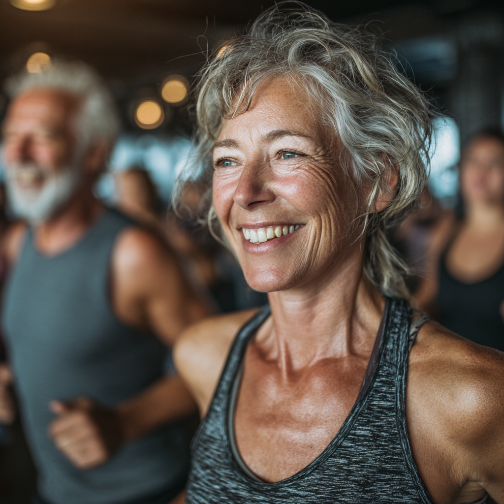 Група от хора между 50-60 години упражняват заедно в просторна фитнес зала, усмихнати и енергични