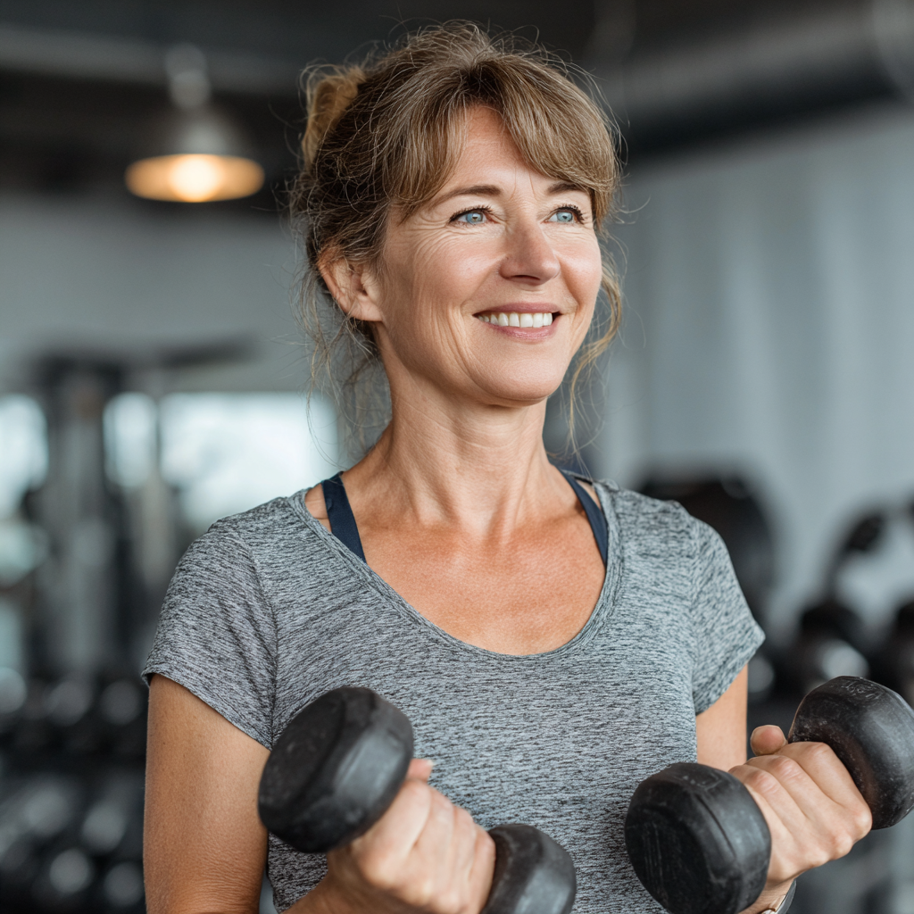 Усмихната жена на 55 години в спортно облекло, правеща упражнения с дъмбели в модерна фитнес зала